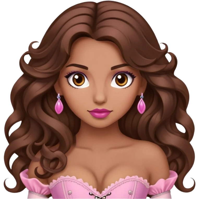 Une femme à la peau mat et aux cheveux long, châtain et ondulé. Elle a les yeux marron et elle est maquiller, elle porte un corset rose.  emoji