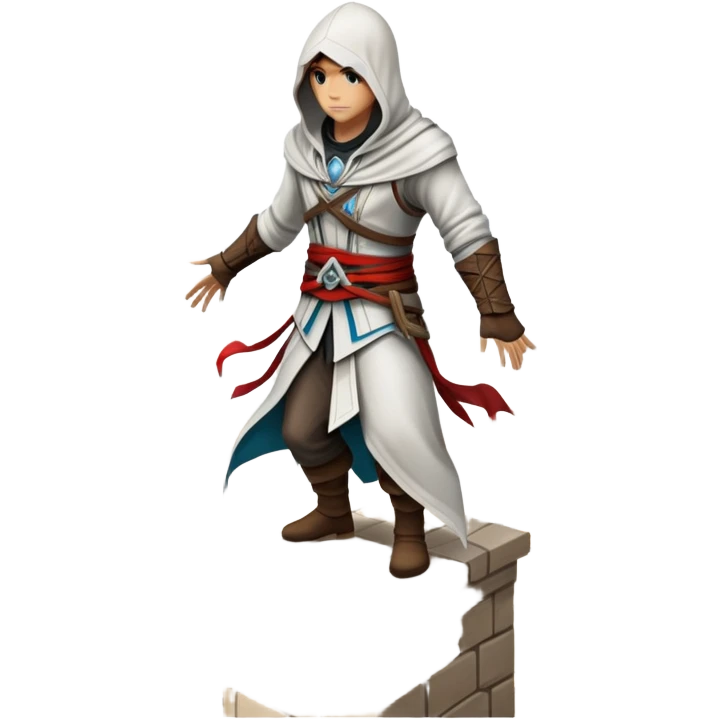 An icon representing an adventure game, inspired by Assassin's Creed. The design features a heroic character in hooded attire, scaling a tall building in a historical cityscape. The background shows ancient architecture and hidden symbols, symbolizing exploration and stealth. Transparent background  emoji