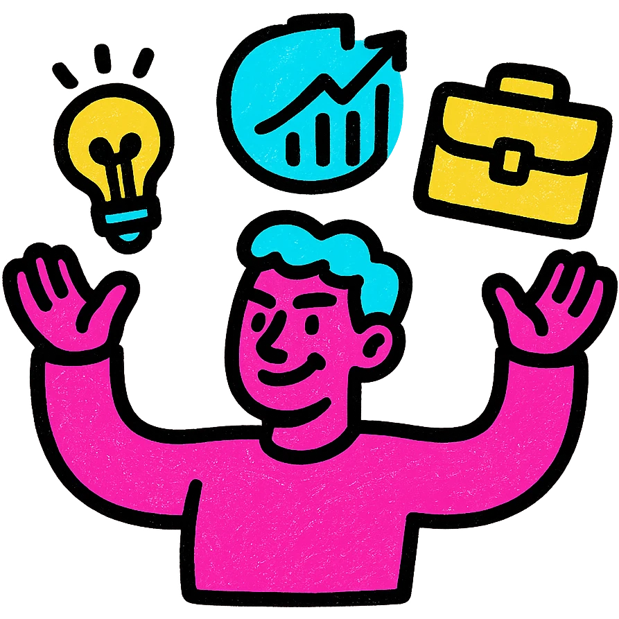 a confident individual juggling multiple icons like lightbulb, briefcase, chart to symbolize multitasking as a solopreneur, vibrant colorful style emoji