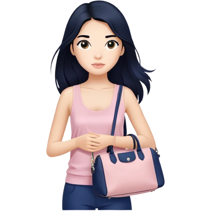 Girl with long black hair wearing soft pink tank top and sling navy blue longchamp bag emoji