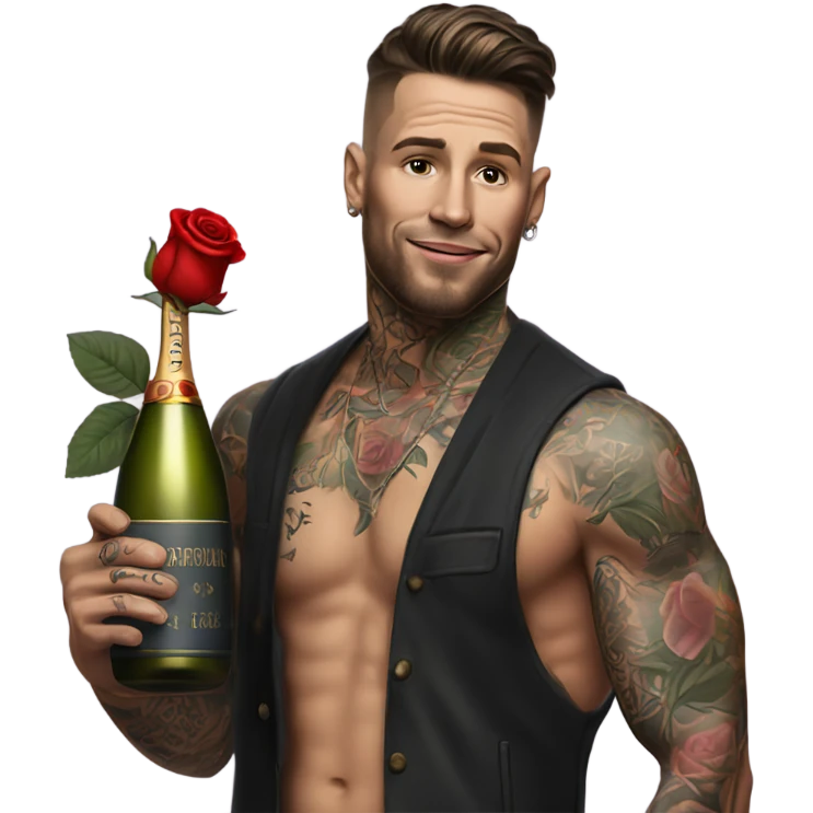 Hyper Realistic handsome tattooed man holding roses and a bottle of champagne  emoji