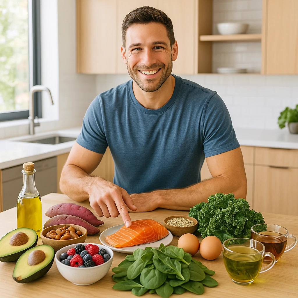 a fit, relaxed man stands in a bright, modern kitchen with natural light and wooden elements, surrounded by a colorful variety of healthy foods including avocados, sweet potatoes, olive oil, berries, quinoa, eggs, leafy greens, nuts, salmon, and herbal teas, smiling and pointing or reaching toward a few of his personal favorites, vibrant and health-focused lifestyle photography style emoji