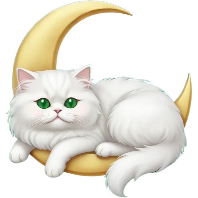 White Persian cat with green eyes sleeping on crescent moon  emoji