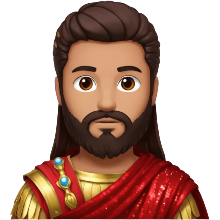 Mars from Roman Deities with long dark brown hair and beard, red sequin toga, light tan skin emoji