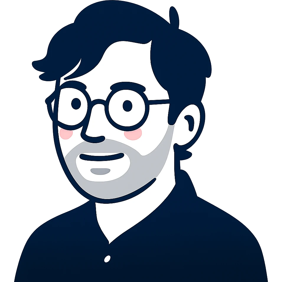 A man with round glasses, artfully messy longer hair with stylish sweeping bangs, a round but defined face shape, and a broader nose. Use deep navy blue for all the outlines and features, a touch of pink highlights only on the cheeks, and gray exclusively for the short beard and necessary shadows. emoji