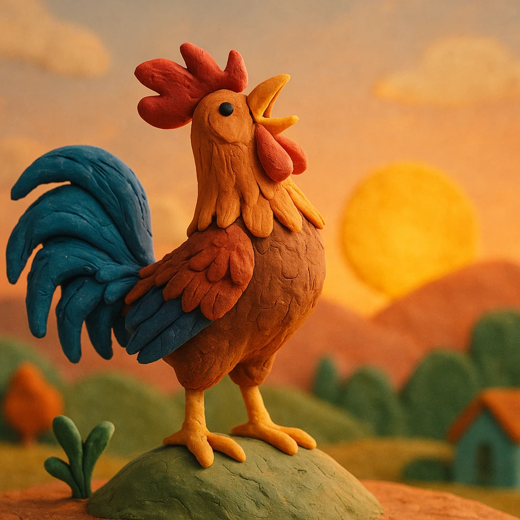 rooster crowing at sunrise, vibrant colors, soft lighting, detailed feathers in claymation style emoji