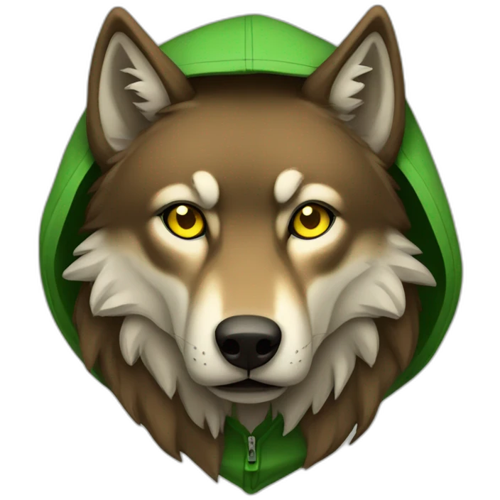 brown wolf with yellow eyes and a green hood that sadly emoji