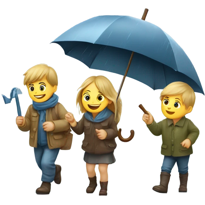3 russian kids with a umbrella playing with a paper ship in the rain emoji