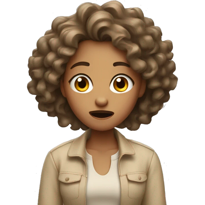 Girl in shocked, curly hair, beige clothes . emoji