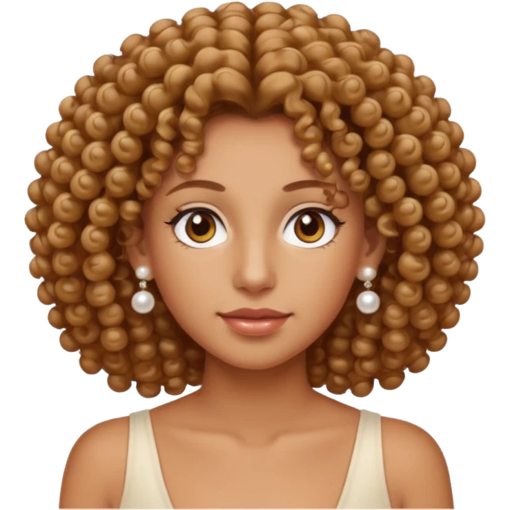 curly hair, tanned skin with tanned lines, light brown eyes, pearls earrings  emoji