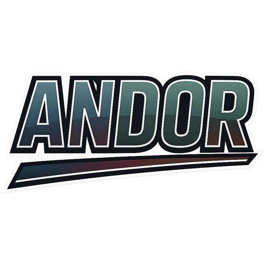 Andor name in masculine, modern gradient font with precise Hungarian characters, dark contour, extra wide and prominent white letter frame as in reference images, dynamic slanted underline, masculine color shades (blue, gray, burgundy, green, brown), 1000x1000 px, PNG, transparent background emoji