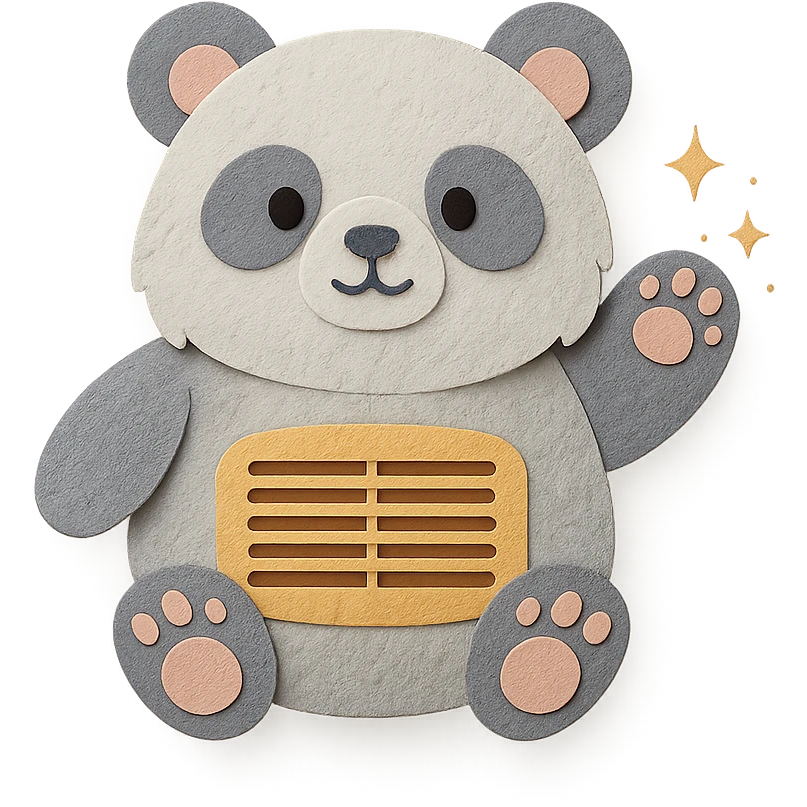 cute panda-shaped air purifier, fluffy, cleaning dust with sparkling paws, soft grey pastel, full-body emoji