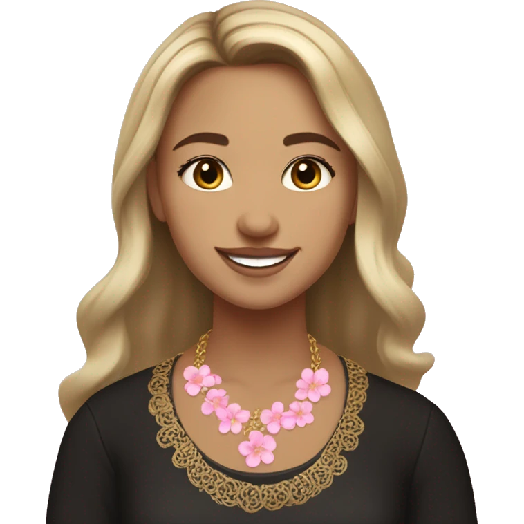 Slavic girl, light skin, brown eyes, black-to-blonde ombre straight tail, smiling with teeth, wearing beautiful dark blouse with a folk pattern of small pink flowers and gold necklace. emoji