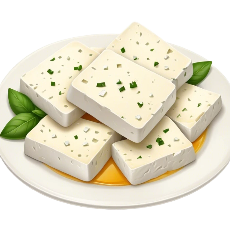Feta Cheese Cinematic Realistic Feta Cheese Dish Emoji, depicted as slices of tangy, creamy feta cheese served on a plate, rendered with crisp textures and soft, natural lighting. emoji