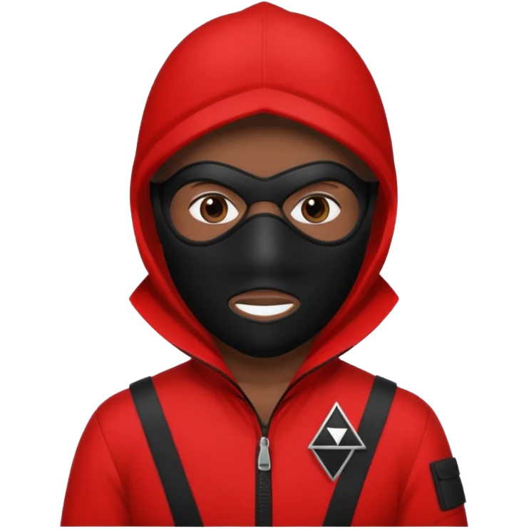 Illustrate a guard in red jumpsuit with black mask featuring a white triangle symbol. emoji