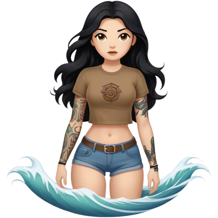 A girl with fair skin and a little fat - long black hair with big waves - tattoos on the upper arms - wearing a brown navel-revealing short-sleeved shirt - full body photo emoji