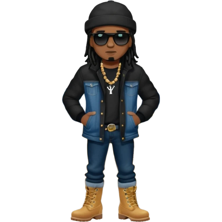 African American man with shoulder length black dreadlocks with black bead wearing black sunglasses with wearing denim skinny jeans wearing black bubble winter coat wearing black New York Yankees baseball hat and wheat timberland boots with arms folded emoji