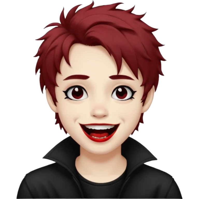 Laughing pale Goth boy with piercings, with shaggy brown hair, and messy black eyeliner , smudged, red, lipstick  emoji