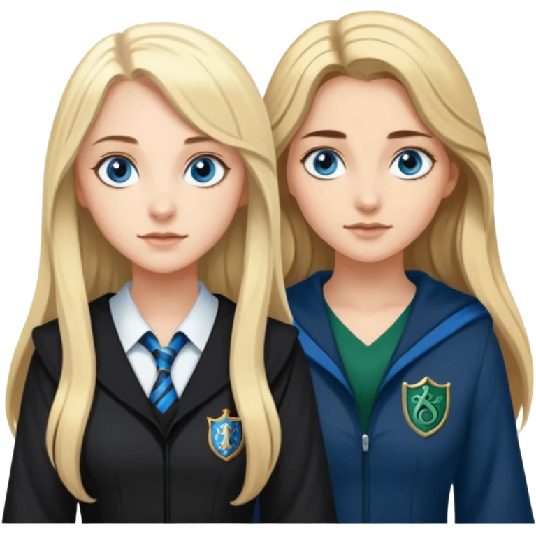 a pretty ravenclaw girl with long brown hair and blue eyes standing with a hot Slytherin girl with long blonde hair, blue eyes and big boobs  emoji
