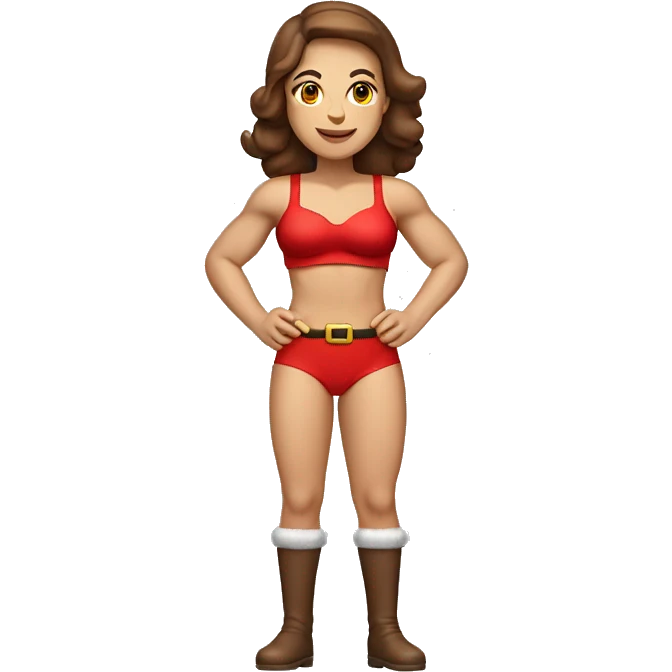 An athletic, muscular female Santa Claus figure with brown hair, wearing a modest, fully-covering red lingerie outfit in a tasteful, non-sexual, and family-friendly style emoji