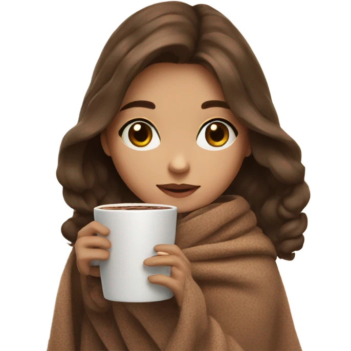 girl inside brown hair, doll eyes, a blanket sipping hot  chocolate, small  emoji