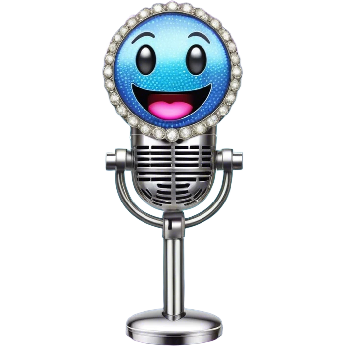 Create a glamorous and vibrant emoji representing stage vocal performance. The design should feature a classic vintage microphone at the center, surrounded by an eye-catching stage costume covered in rhinestones, sparkling brightly. The costume should be stylized, with glittering elements like sequins and sparkles, and reflect the glitzy, extravagant nature of show business. The microphone should have a sleek, retro look with chrome or metallic accents. Use rich, dazzling colors like gold, silver, deep purple, and bright red to evoke the glamorous, larger-than-life feel of a stage performance. The background should be transparent. emoji