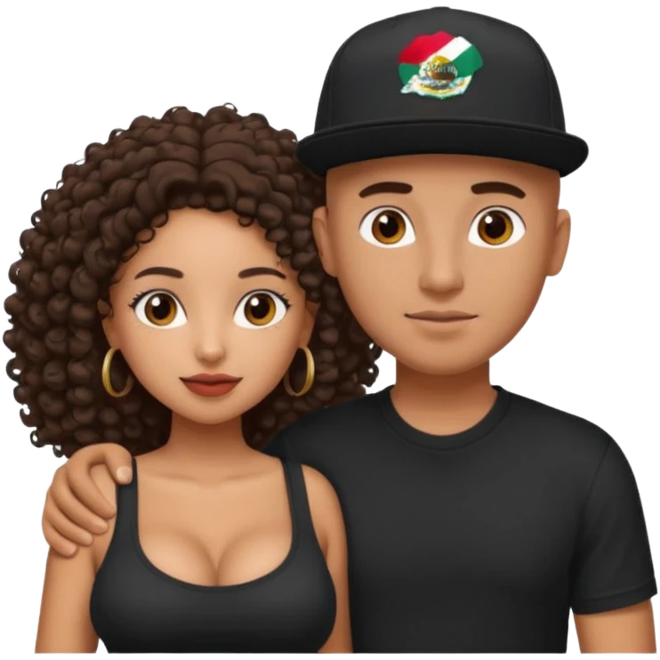 A picture of a tanned couple embracing. the guy is Mexican, with a bald hair cut and he has a SnapBack hat on. The girl is mixed, the girl is wearing a black shirt, the girl has brown curly big hair and the girl has big boobs  emoji