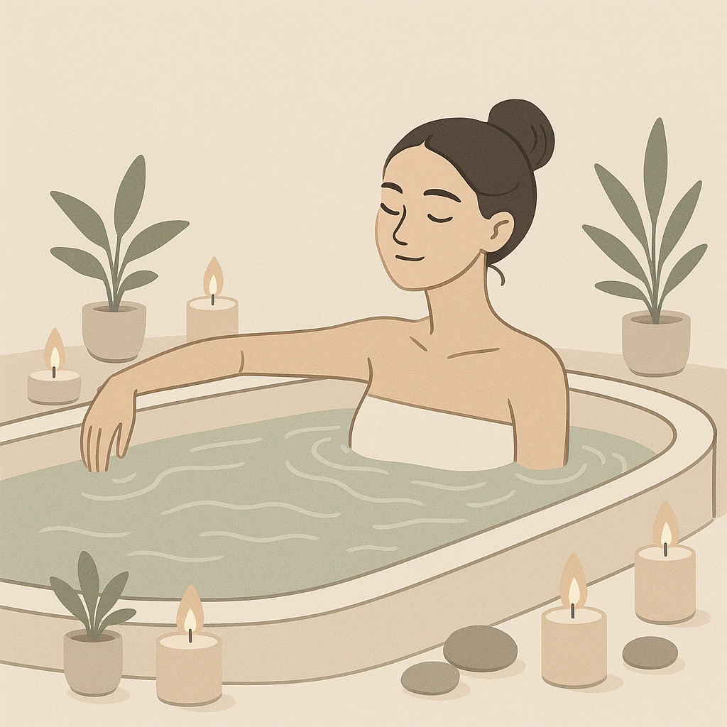 girl relaxing in a hot tub, lit candles, spa atmosphere, modern minimalist style emoji