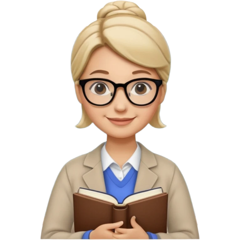 Teacher Look – tidy low bun, black-rim glasses, holding a book.












































 emoji