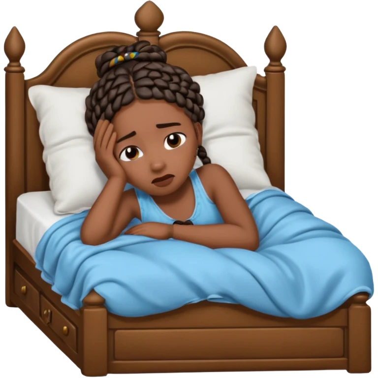 Black woman with braids in a big king size bed on one side by herself crying emoji