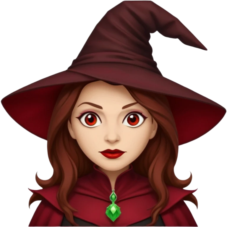 Wicked Witch of the East from the Wizard of Oz with light skin, red eyes, brown long hair, dark red outfit emoji