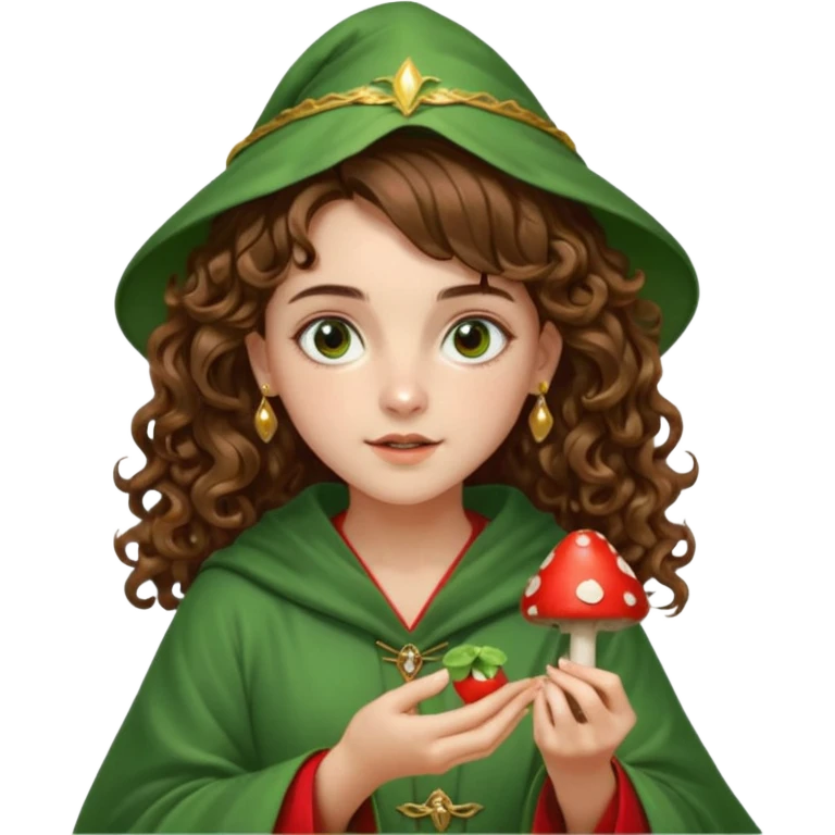 very beautiful italian girl, looking like Emma Watson, with curly and big volume very bright brown hair, and a golden piercing ring in nose on left side, dressed in a beautiful wizard robe of green colors, holding red fly mushroom emoji