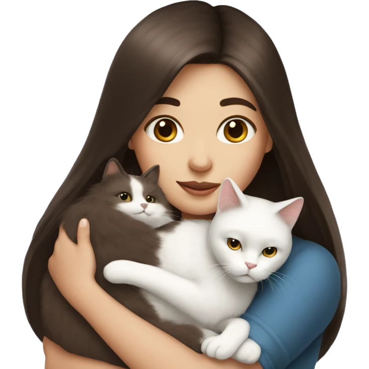 Dark brown straight hair girl holding white fluffy cat  emoji