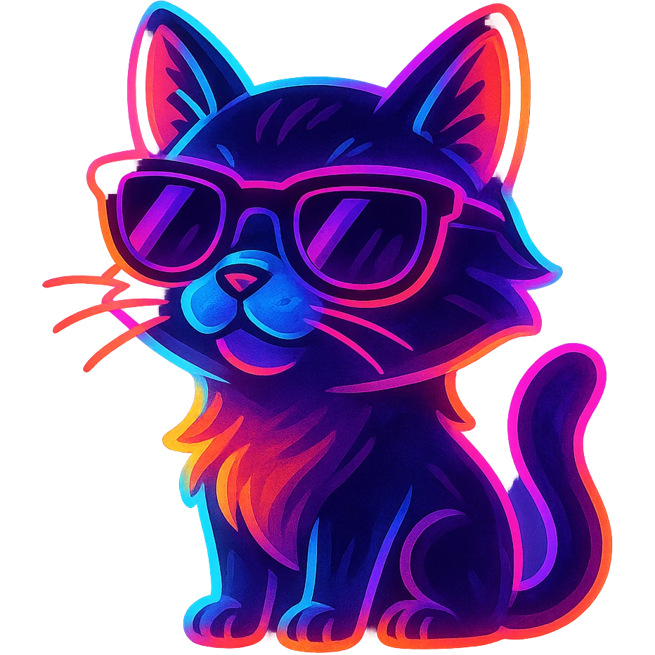 cat with sunglasses with neon glow, vibrant toon style emoji