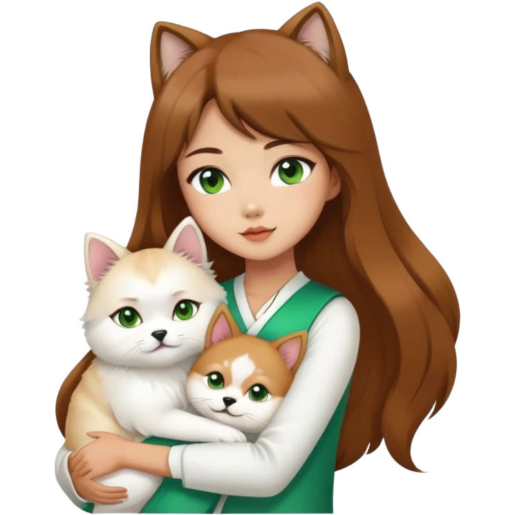 chinese fashion girl has brow hair hugging A Shiba Inu and a long-haired white Persian cat with green eyes. emoji