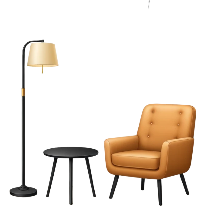 Minimalistic flat vector icon, iOS style, thin black contour on white background. Floor lamp and chair next to a framed picture on wall. Clean, no text, no shadows emoji