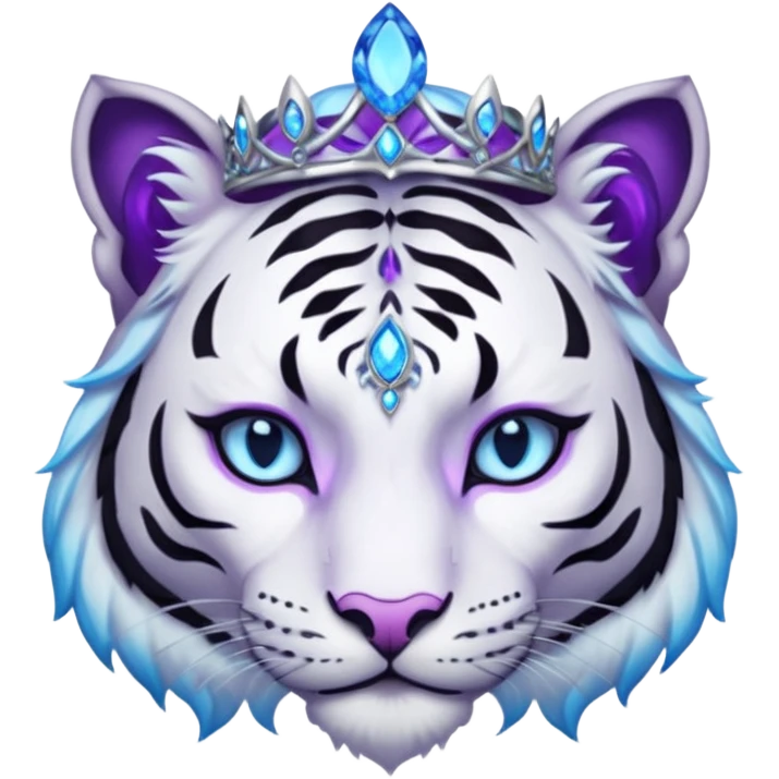 ESO Female white/black tiger khajiit leader of the umbral rose, glowing blue eyes, glowing blue 'third eye' gem; purple gem silver tiara emoji