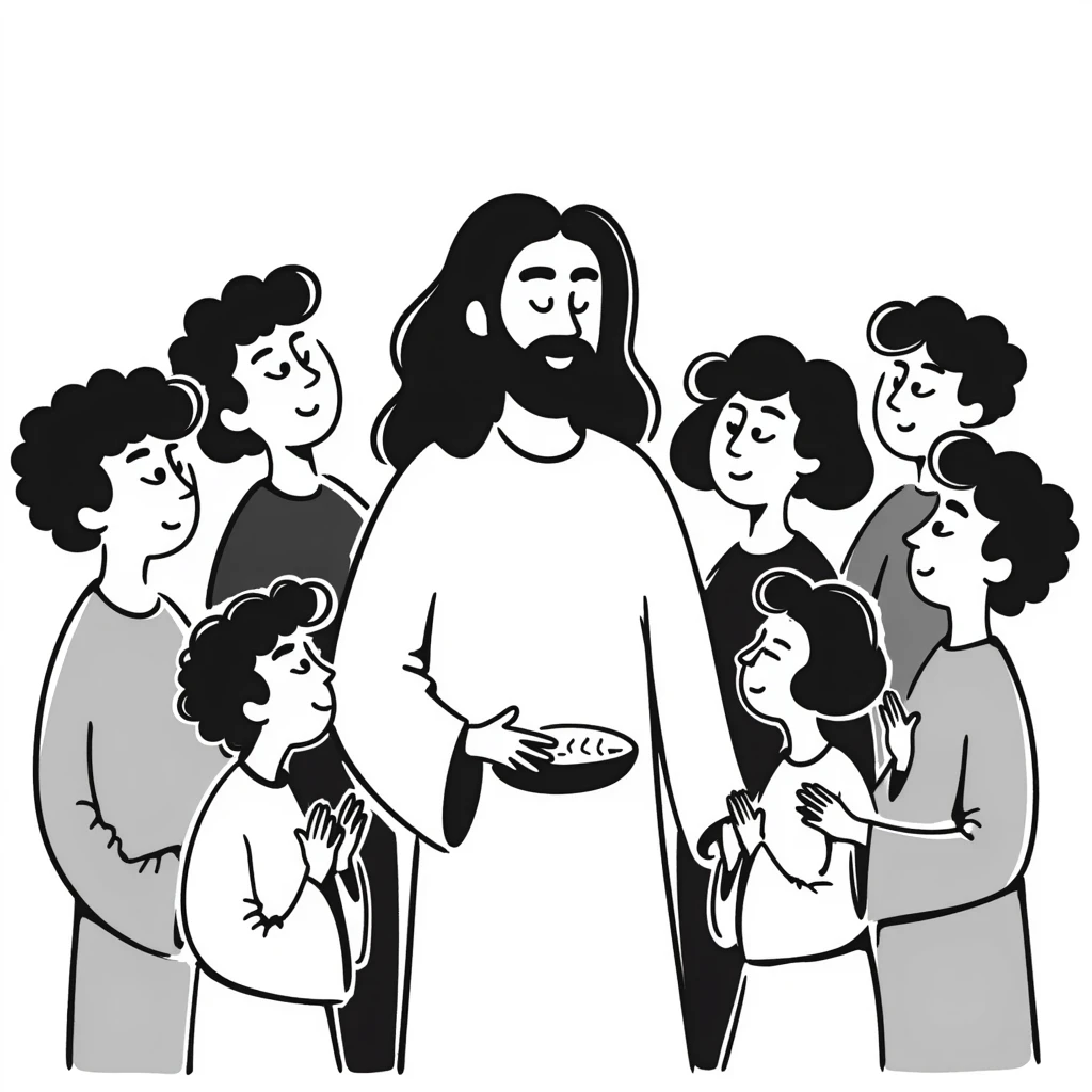 Jesus surrounded by his disciples and followers, peaceful gathering emoji