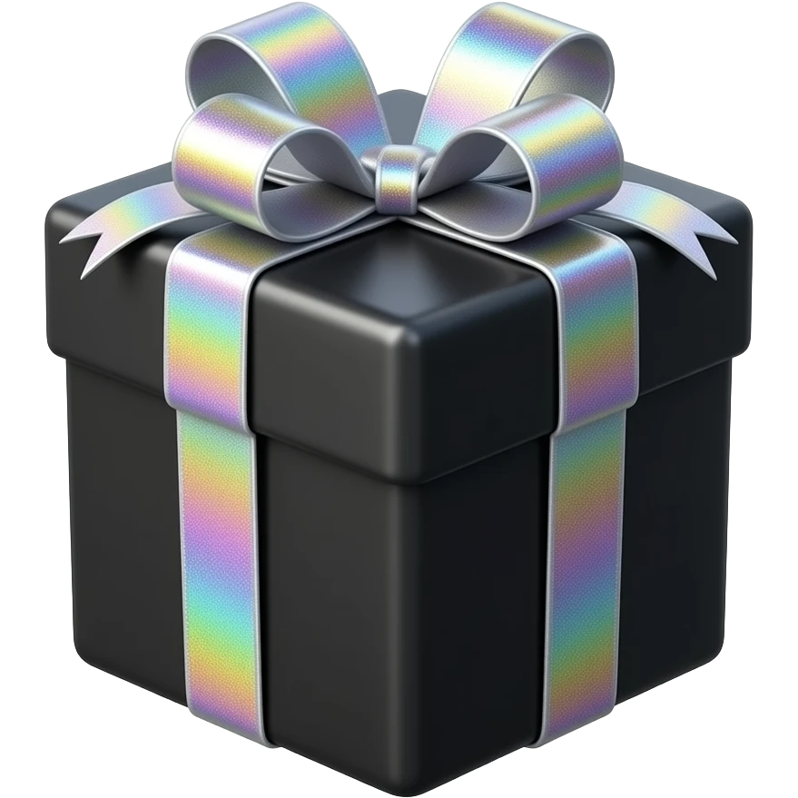 Hyperrealism black color wrapped gift, with a realistic, detailed, holographic glittery ribbon that has a slight prismatic rainbow effect,  isolated, 3D rendering, 8k hd, 600 dpi. No emoji icons, no emoji faces  emoji