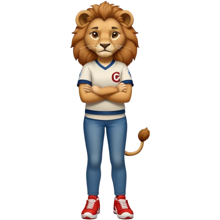 confident anthropomorphised female lion wearing a baseball shirt, jeans, trainers, arms crossed, strong and determined expression emoji