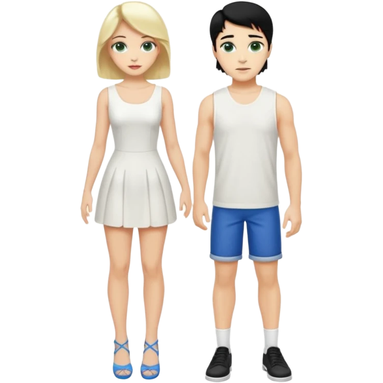 Prince, black hair, body, legst, blue eyes, shoes, woman blonde hair, green eyes, sexy white short sleveless dress, shoes emoji