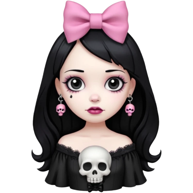 gothic girl with pink bow and skull charm, gothic style, vinyl figure, dramatic details emoji