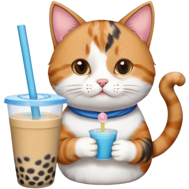 cat drinking bubble tea, cat with straw in cup, blue background emoji