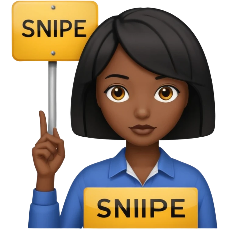 Dark skin woman with black bob in hair holding sign that says snipe  emoji