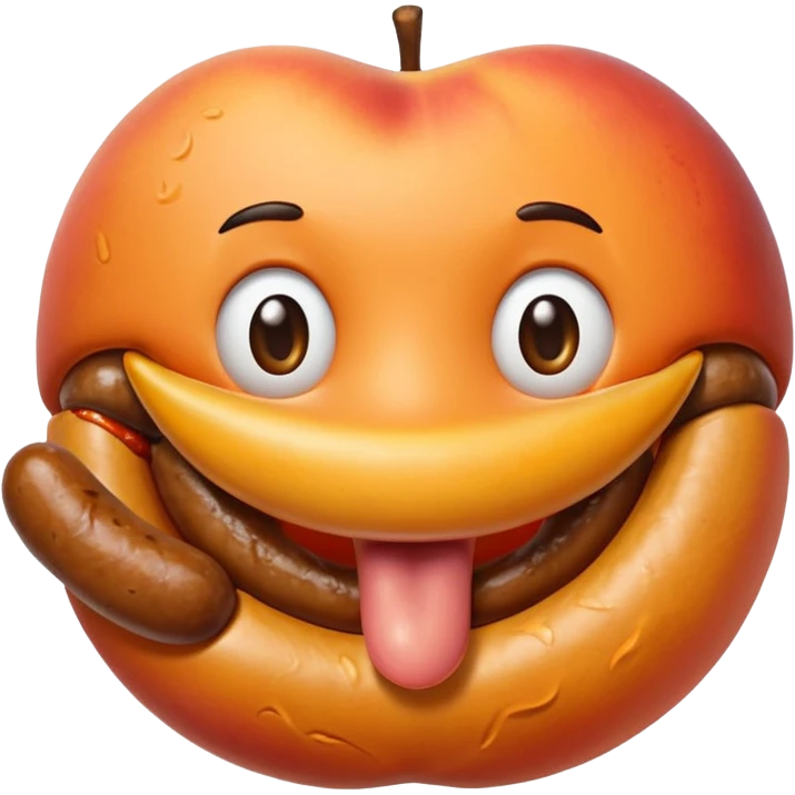 A peach with handmarks with a big bratwurst in his mouth emoji