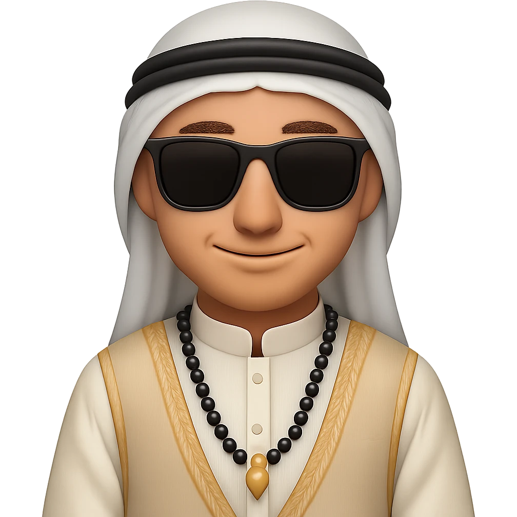 Add sunglasses to the Emirati man wearing agal and ghutra, keeping a warm and welcoming look. The image should have no background. Maintain the traditional attire and warm expression clearly in the style of an edited image. emoji