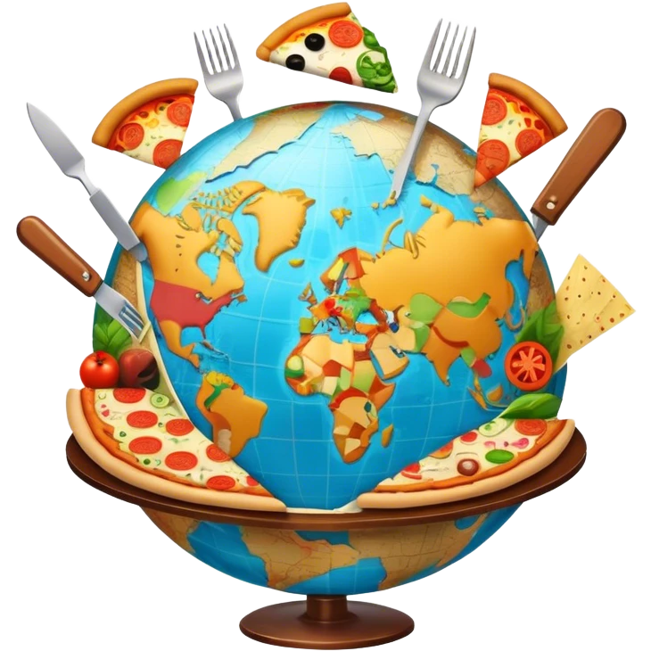 Icon for Gastronomic Tourism: a globe with various cuisines from around the world, such as pizza, sushi, tacos, and pasta, surrounded by food-related travel elements like a fork, knife, and map. Transparent background. emoji