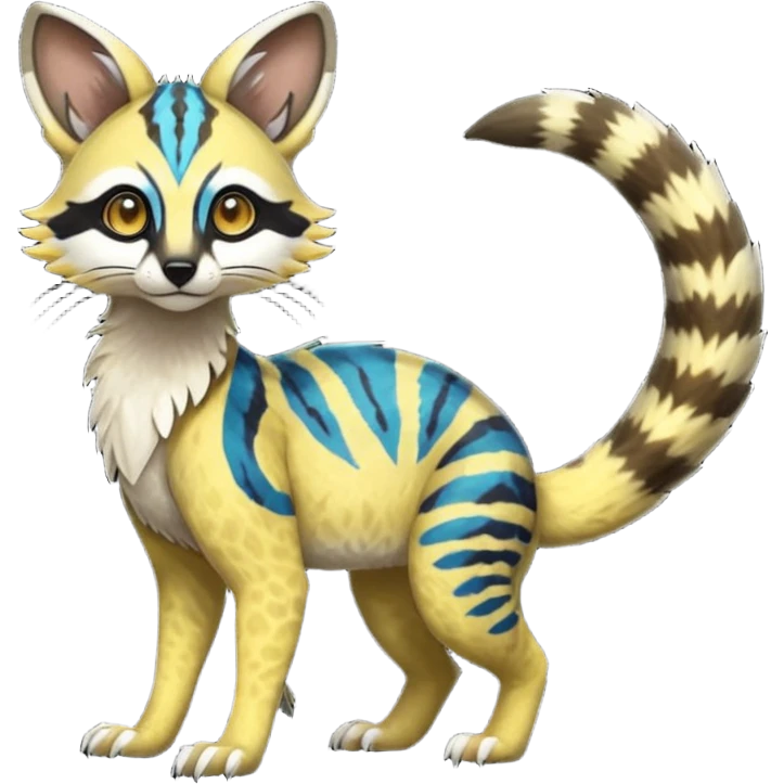 Rare realistic tropical exotic cute epic pretty beautiful handsome gorgeous aesthetic colorful vibrant Vernid-Protogen-Primagen-Wickerbeast-Genet-Trico-species-Fakemon-hybrid-creature by LiLaiRa, beautiful intricate markings, full body emoji