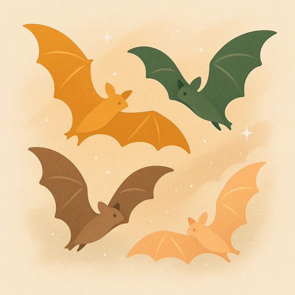 A group of flying bats in mid-air, illustrated in a stylized, artistic way using a warm, earthy color palette: golden orange (FA9B41), deep forest green (4A7C5C), muted taupe brown (96775A), and soft pastel peach (FFCC9A). The bats have sleek wings with subtle color gradients, and their bodies are small and streamlined, featuring elegant silhouettes. The sky around them has a magical, twilight glow with faint sparkles or mist, enhancing the enchanted atmosphere. The overall style is whimsical and soft, with a balance between natural and fantastical elements. emoji