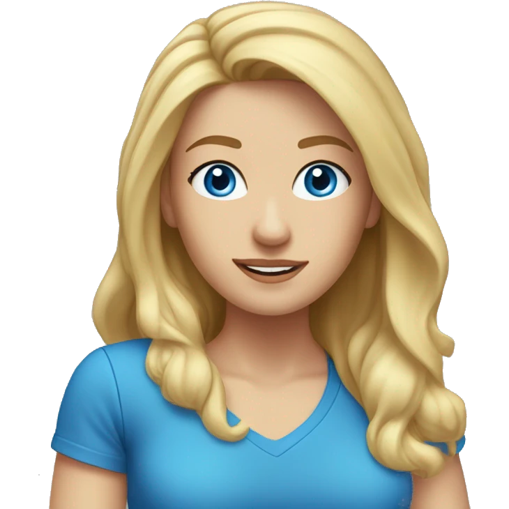 A head and shoulders shot of a 34 year old Caucasian woman, with long blonde hair,   with blue eyes wearing a t-shirt. emoji